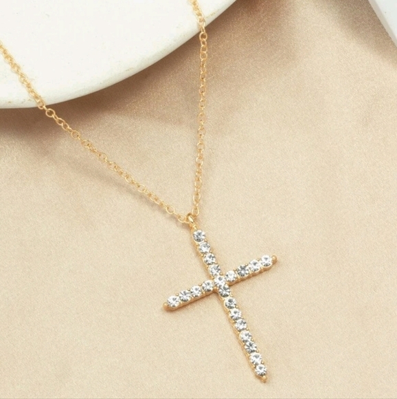 💖 2/$30 Gold Rhinestone religious cross pendant chain women's necklace New - Picture 12 of 13